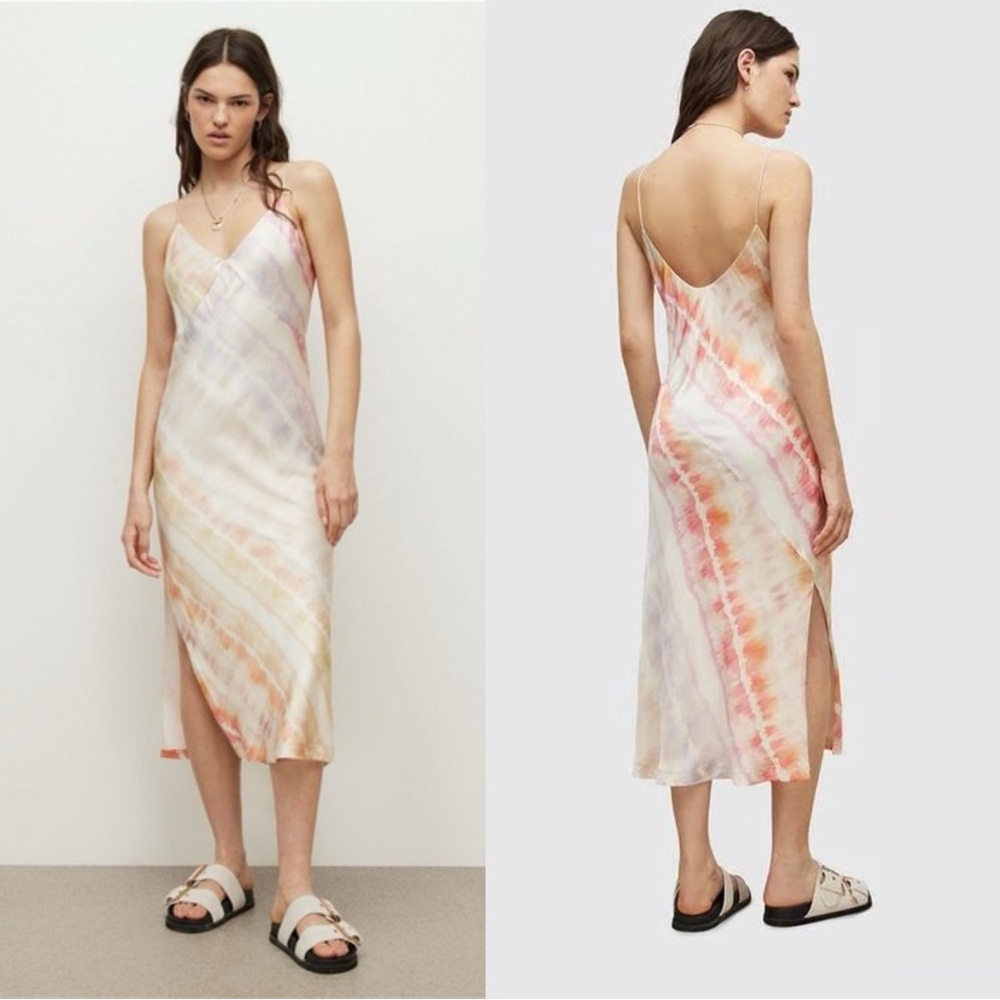 Allsaints Melody Marea Silk Blend Slip Dress in Rainbow Pink US 8 $299